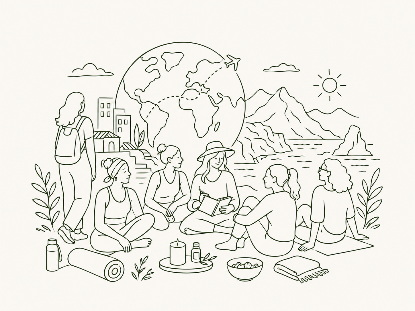Line illustration of women gathered together in Madeira — sharing, resting and connecting